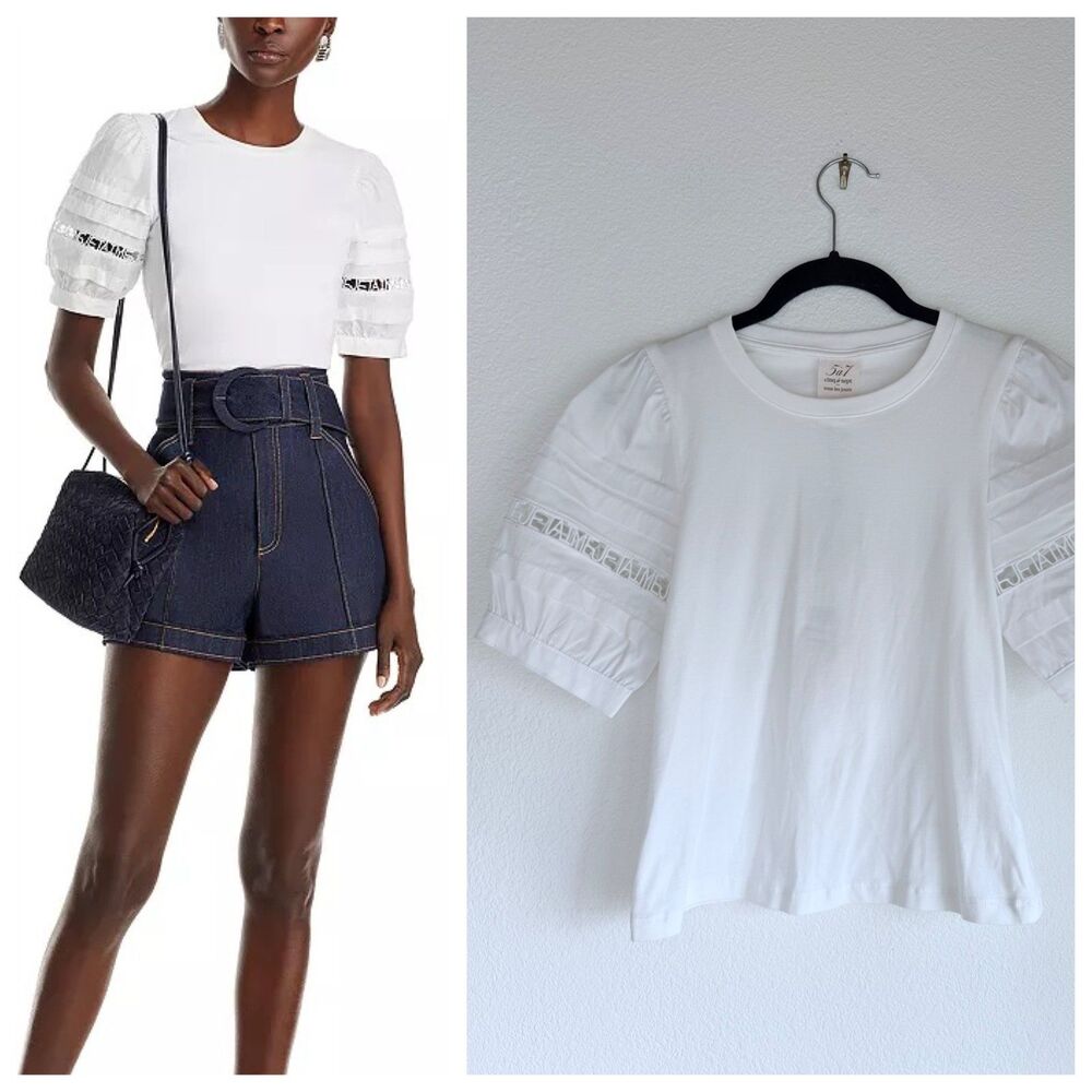 NWT Cinq à Sept Corianna Je T'aime Detailed Puff Sleeve Top in White Size XS